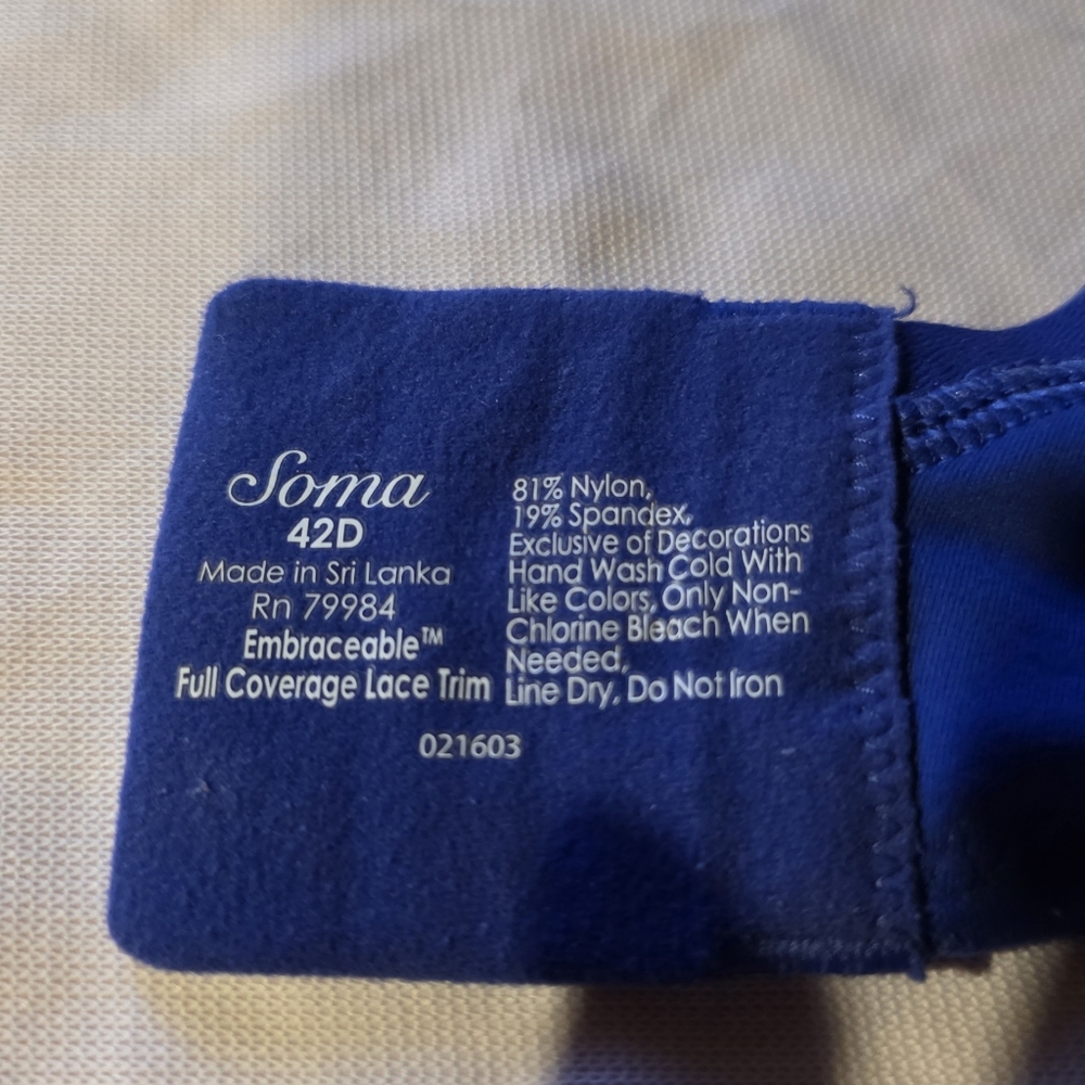Soma Embraceable Blue Full Coverage Lace Trim Bra Size 42D - Picture 2 of 4